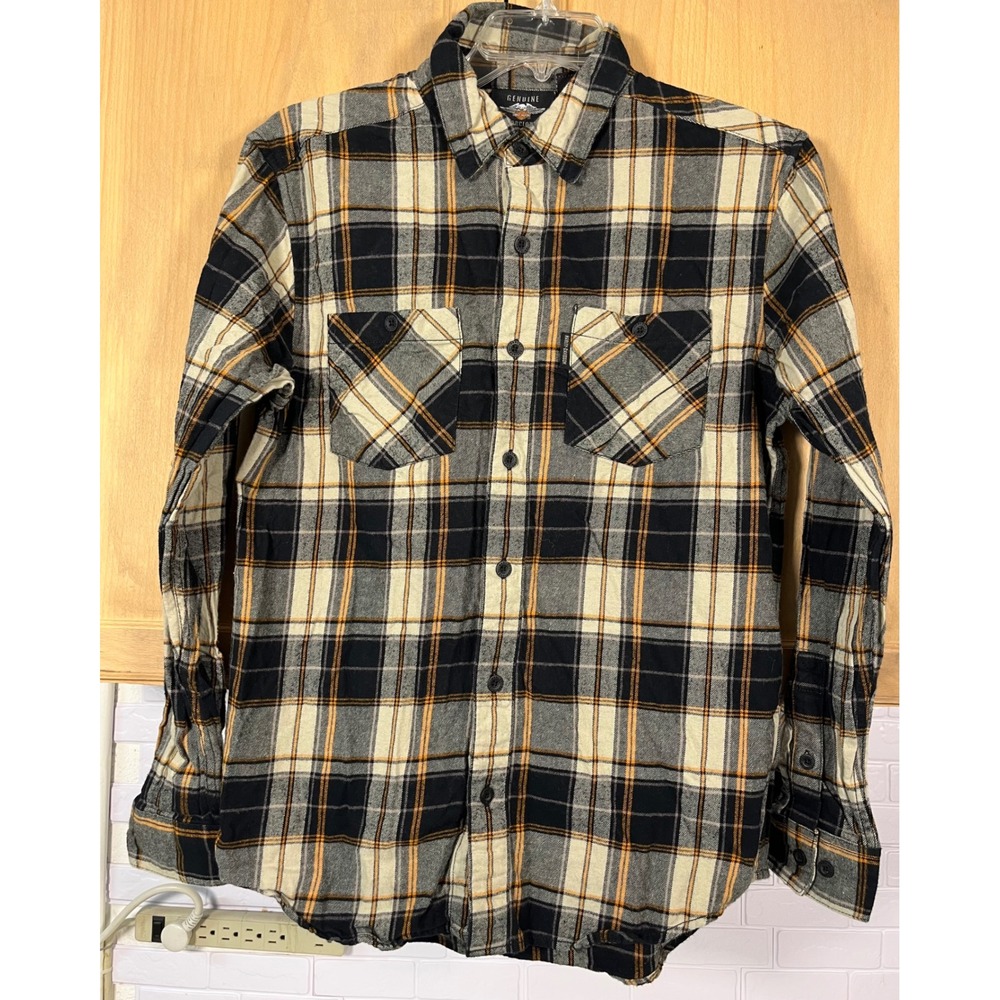 Harley-Davidson Flannel Shirt Mens Medium Orange Black Plaid Embroidered Back